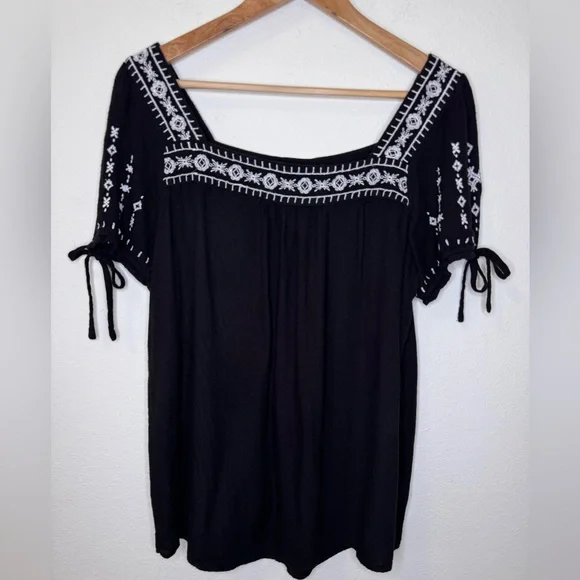 Westport Black Blouse with White Embroidery - Picture 1 of 6